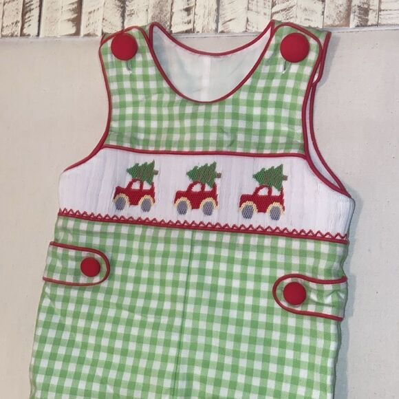 Boys Smocked Tommy John Romper Holiday Christmas size 6 month Christmas Tree - Picture 2 of 6